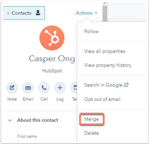 Actions dropdown menu in the HubSpot Contacts area