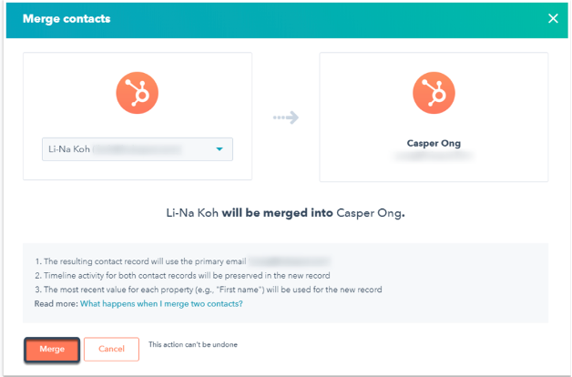 Merging contacts in the HubSpot contacts area